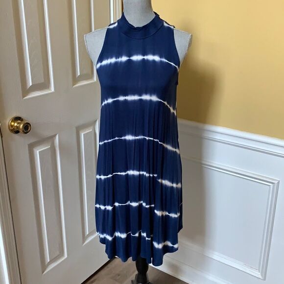 Navy Blue & Cream Tie Dye Dress - Picture 1 of 8
